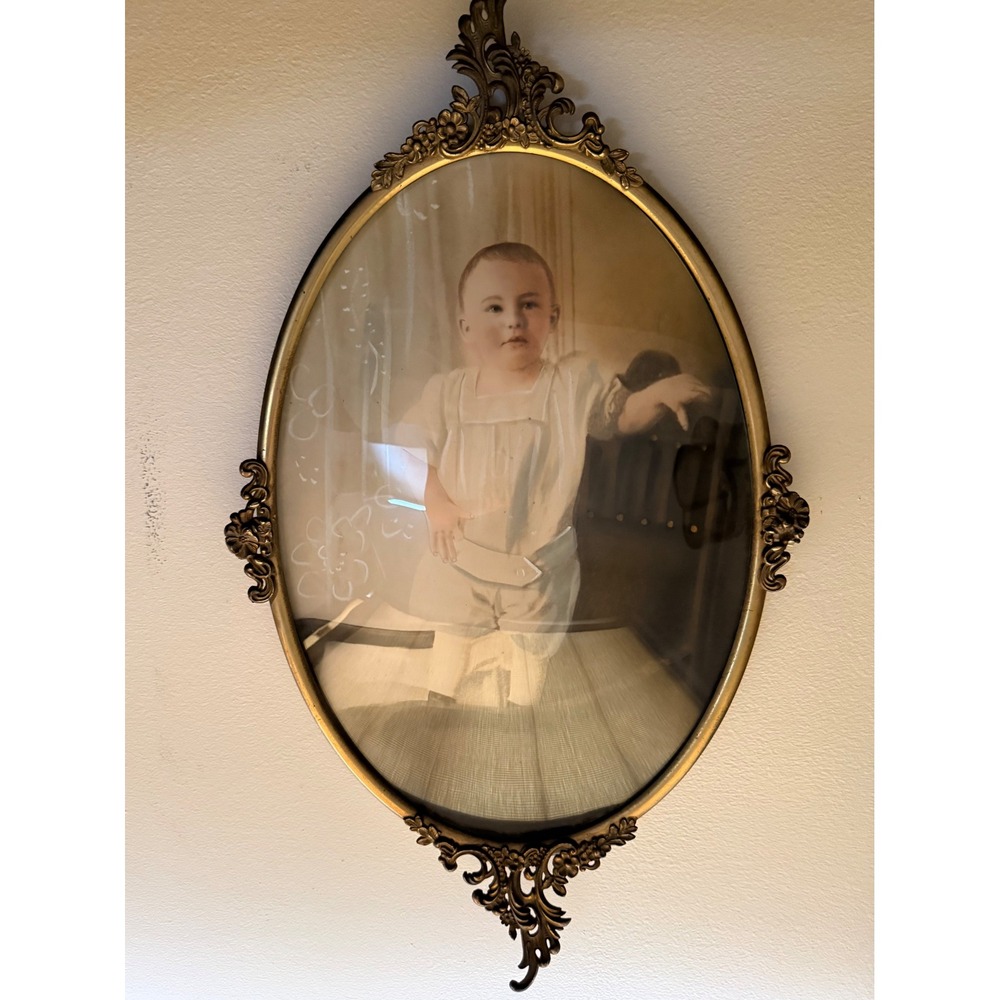 Antique Oval Bubble Glass Ornate Metal Frame Hand Colored Child Portrait Vintage